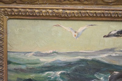 Lot 553 - Vernon Ward (1905-1985) -  Oil on board - Seagulls in flight above a stormy sea