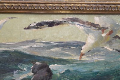 Lot 553 - Vernon Ward (1905-1985) -  Oil on board - Seagulls in flight above a stormy sea
