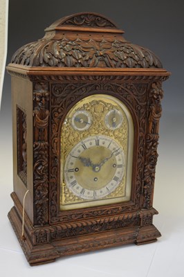 Lot 643 - Winterhalder & Hofmeier - Large German carved oak triple fusee chiming bracket clock