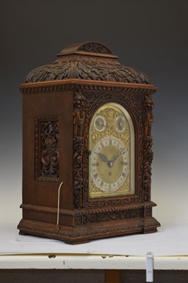 Lot 643 - Winterhalder & Hofmeier - Large German carved oak triple fusee chiming bracket clock