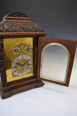 Lot 643 - Winterhalder & Hofmeier - Large German carved oak triple fusee chiming bracket clock