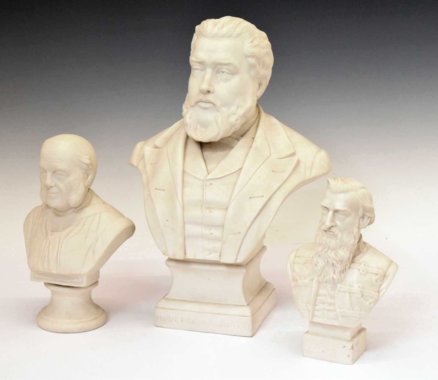 Lot 345 - Large Robinson and Leadbeater Parian bust of Charles Spurgeon and two smaller busts