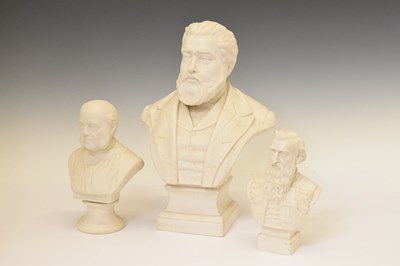 Lot 345 - Large Robinson and Leadbeater Parian bust of Charles Spurgeon and two smaller busts