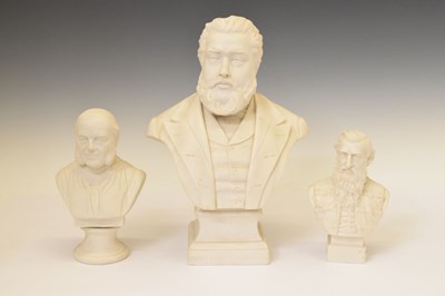 Lot 345 - Large Robinson and Leadbeater Parian bust of Charles Spurgeon and two smaller busts