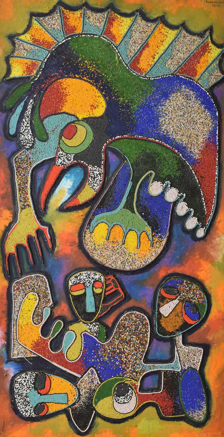 Lot 774 - Chief Jimoh Buraimoh (Nigerian, b. 1943) - Figural abstract beadwork on panel