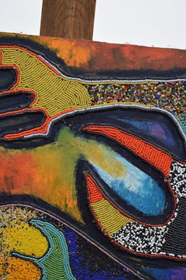 Lot 774 - Chief Jimoh Buraimoh (Nigerian, b. 1943) - Figural abstract beadwork on panel