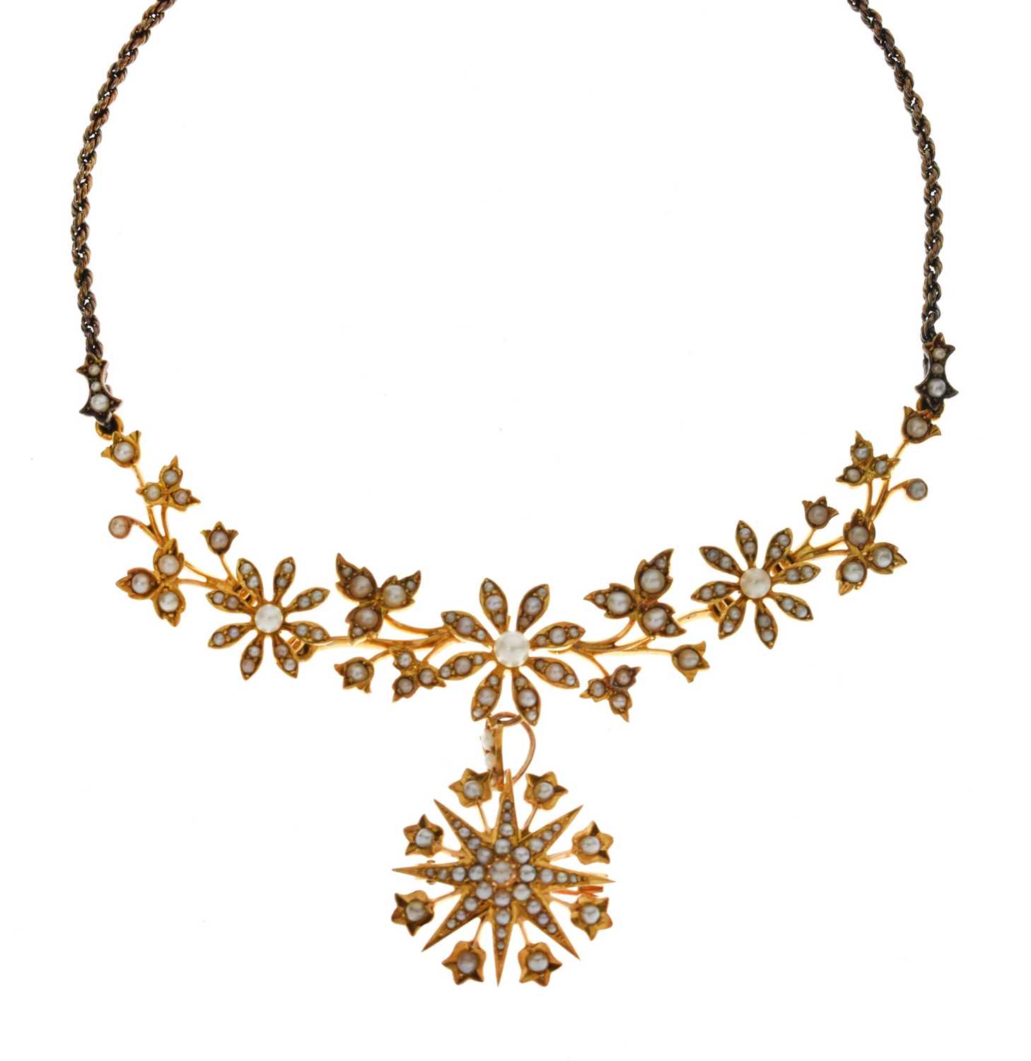 Lot 41 - Edwardian pearl yellow gold pendant necklace