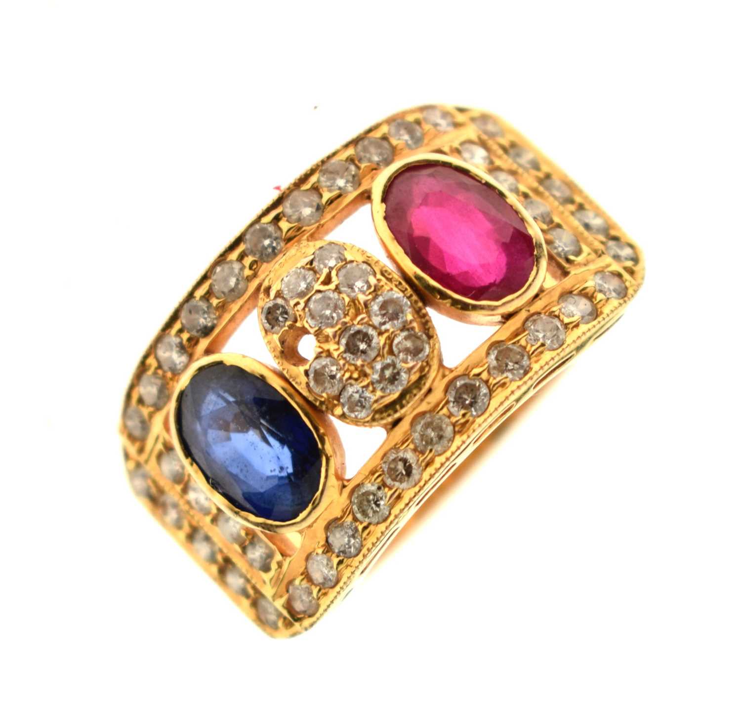 Lot 18 - Ruby, sapphire and diamond Indian yellow metal ring