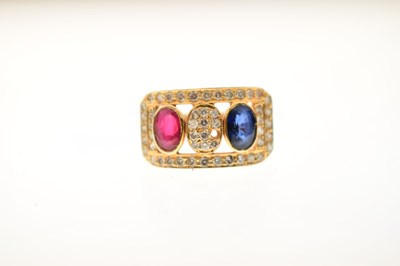 Lot 18 - Ruby, sapphire and diamond Indian yellow metal ring