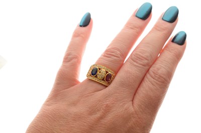 Lot 18 - Ruby, sapphire and diamond Indian yellow metal ring