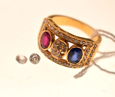 Lot 18 - Ruby, sapphire and diamond Indian yellow metal ring