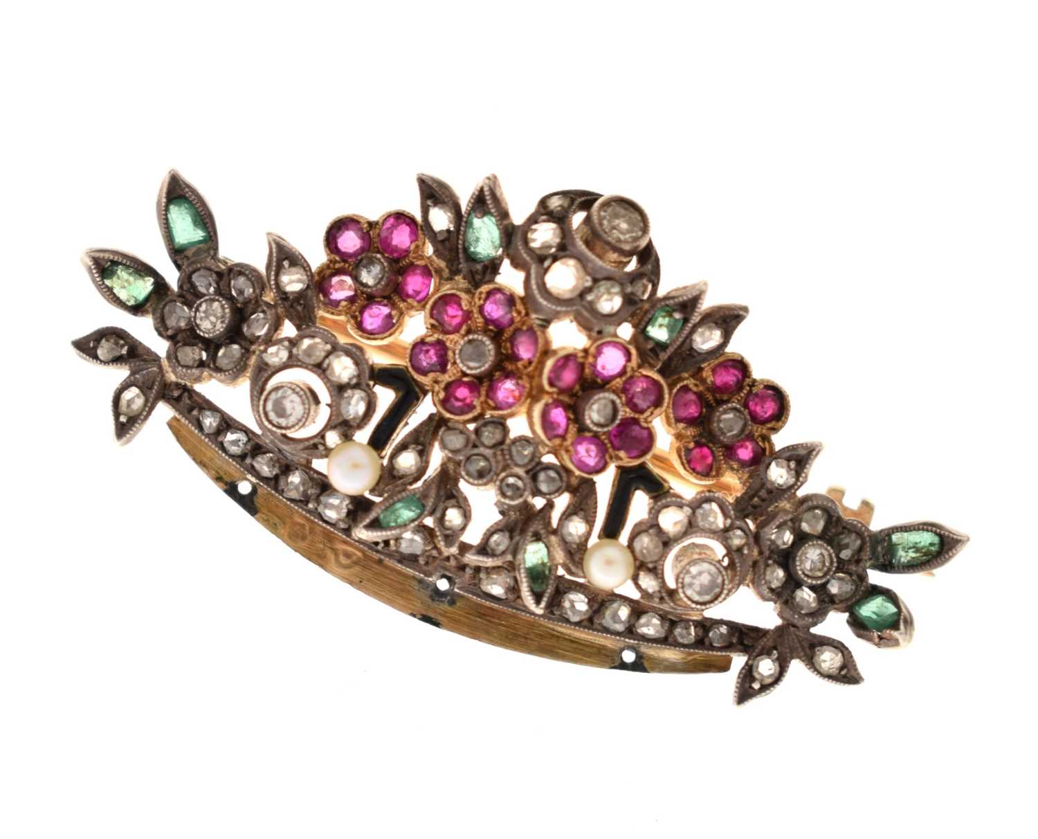 Lot 33 - Early 20th century French diamond, ruby, emerald and pearl floral brooch