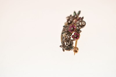 Lot 33 - Early 20th century French diamond, ruby, emerald and pearl floral brooch