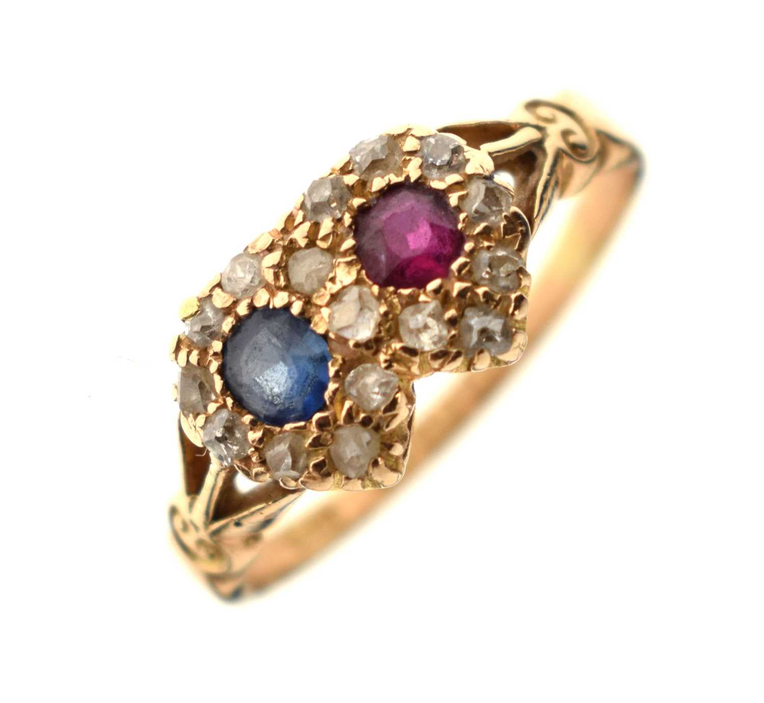 Lot 17 - Late Victorian ruby, sapphire and diamond 18ct gold double heart ring