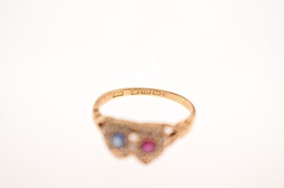 Lot 17 - Late Victorian ruby, sapphire and diamond 18ct gold double heart ring