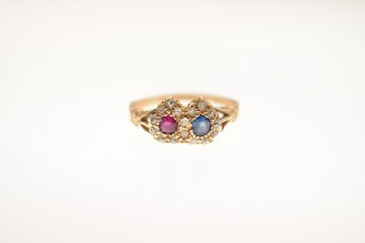 Lot 17 - Late Victorian ruby, sapphire and diamond 18ct gold double heart ring