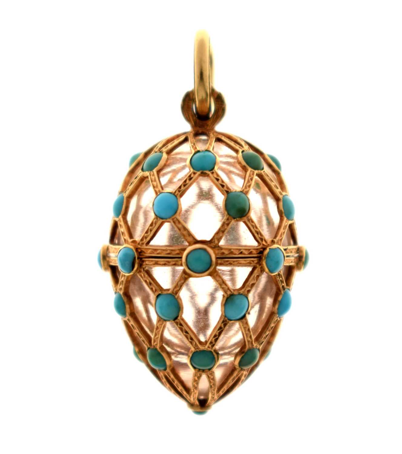 Lot 39 - Unusual yellow metal, rock crystal and turquoise vinaigrette pendant