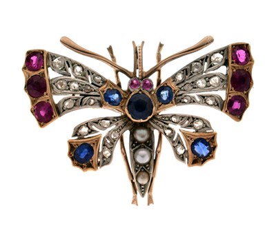 Lot 35 - Victorian ruby, sapphire, diamond and pearl set butterfly brooch