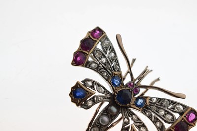 Lot 35 - Victorian ruby, sapphire, diamond and pearl set butterfly brooch