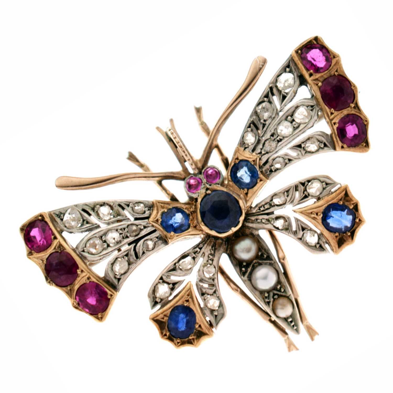 Lot 35 - Victorian ruby, sapphire, diamond and pearl set butterfly brooch