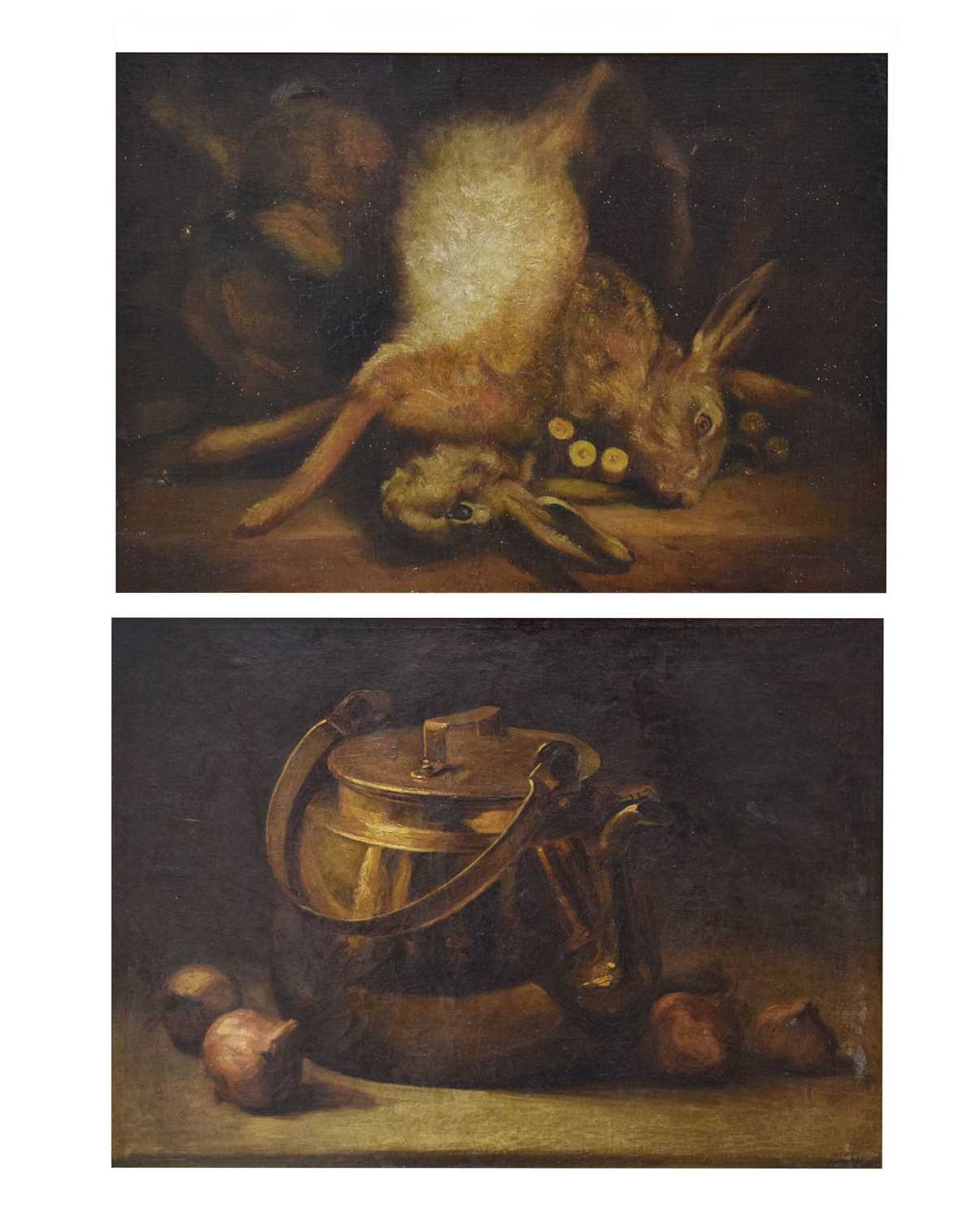 Lot 738 - Two French oils on canvas - Dead game, and a copper pot still life