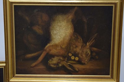 Lot 738 - Two French oils on canvas - Dead game, and a copper pot still life