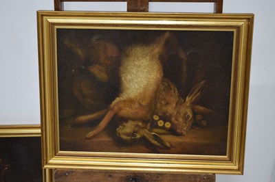 Lot 738 - Two French oils on canvas - Dead game, and a copper pot still life