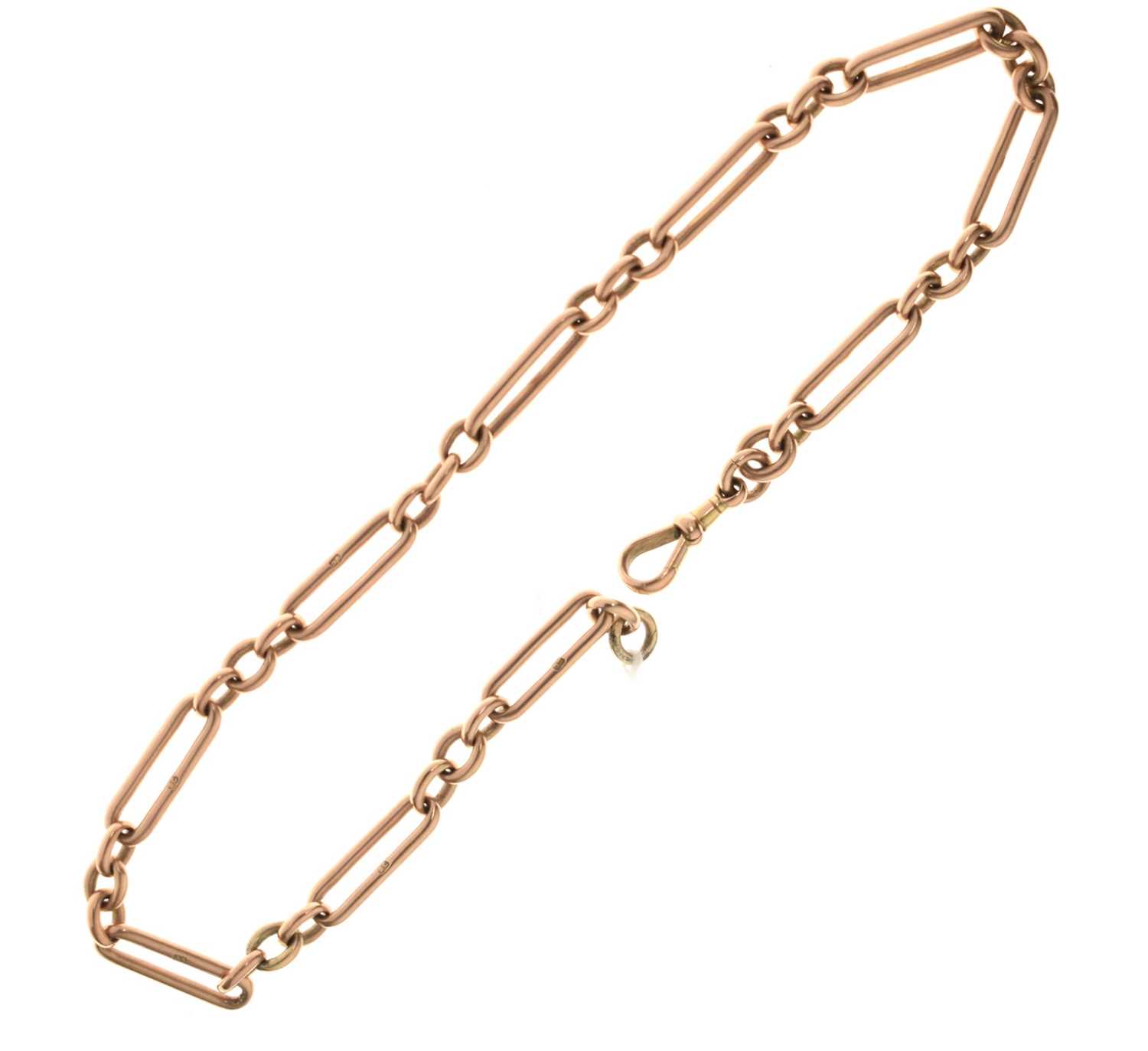 Lot 152 - Late Victorian or Edwardian yellow metal (9C) 'rose gold' trombone link Albert chain, 36.4g