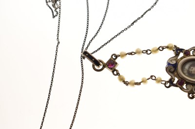 Lot 38 - Mid 19th century ruby, seed pearl, enamelled parcel gilt pendant necklace