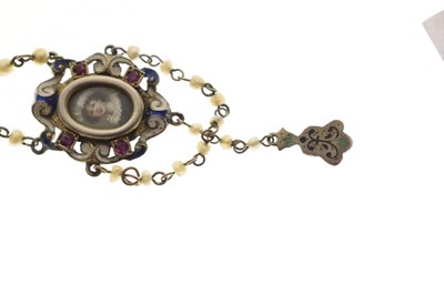 Lot 38 - Mid 19th century ruby, seed pearl, enamelled parcel gilt pendant necklace