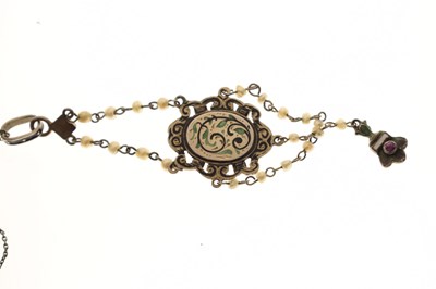 Lot 38 - Mid 19th century ruby, seed pearl, enamelled parcel gilt pendant necklace