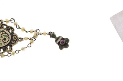 Lot 38 - Mid 19th century ruby, seed pearl, enamelled parcel gilt pendant necklace