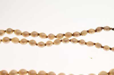 Lot 43 - Edwardian graduated pearl double string necklace with sapphire set clasp
