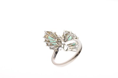 Lot 4 - Emerald and diamond double marquise white metal cluster ring
