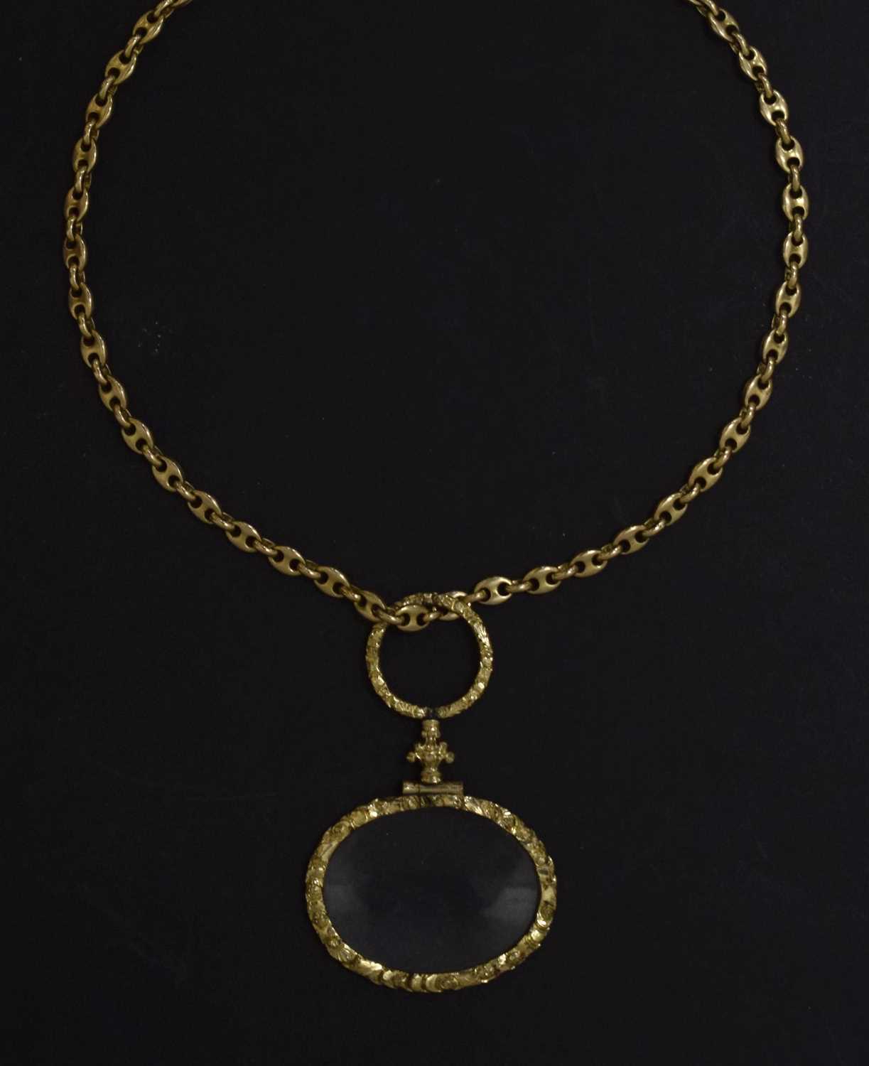 Lot 9ct gold fancy link chain, with Victorian gold plated eyeglass