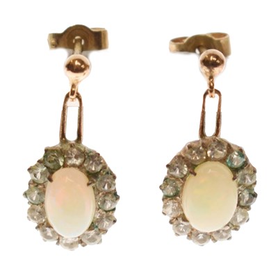 Lot 89 - Pair of opal and white sapphire yellow metal drop earrings