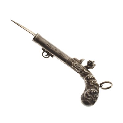 Lot 141 - Sampson Mordan - Early Victorian silver novelty toothpick, modelled as a pistol