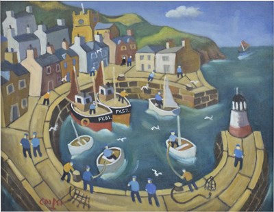 Lot 419 - William Cooper R.W.A. (1923-2011) - Oil on canvas - Harbour in South Cornwall