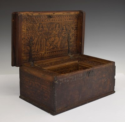 Lot 234 - Rare 17th North Italian (Adige) cedar, penwork and pokerwork decorated table box