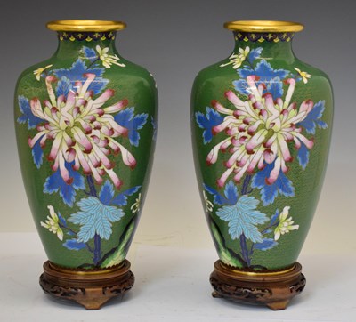 Lot 579 - Large pair of Chinese cloisonné green ground vases