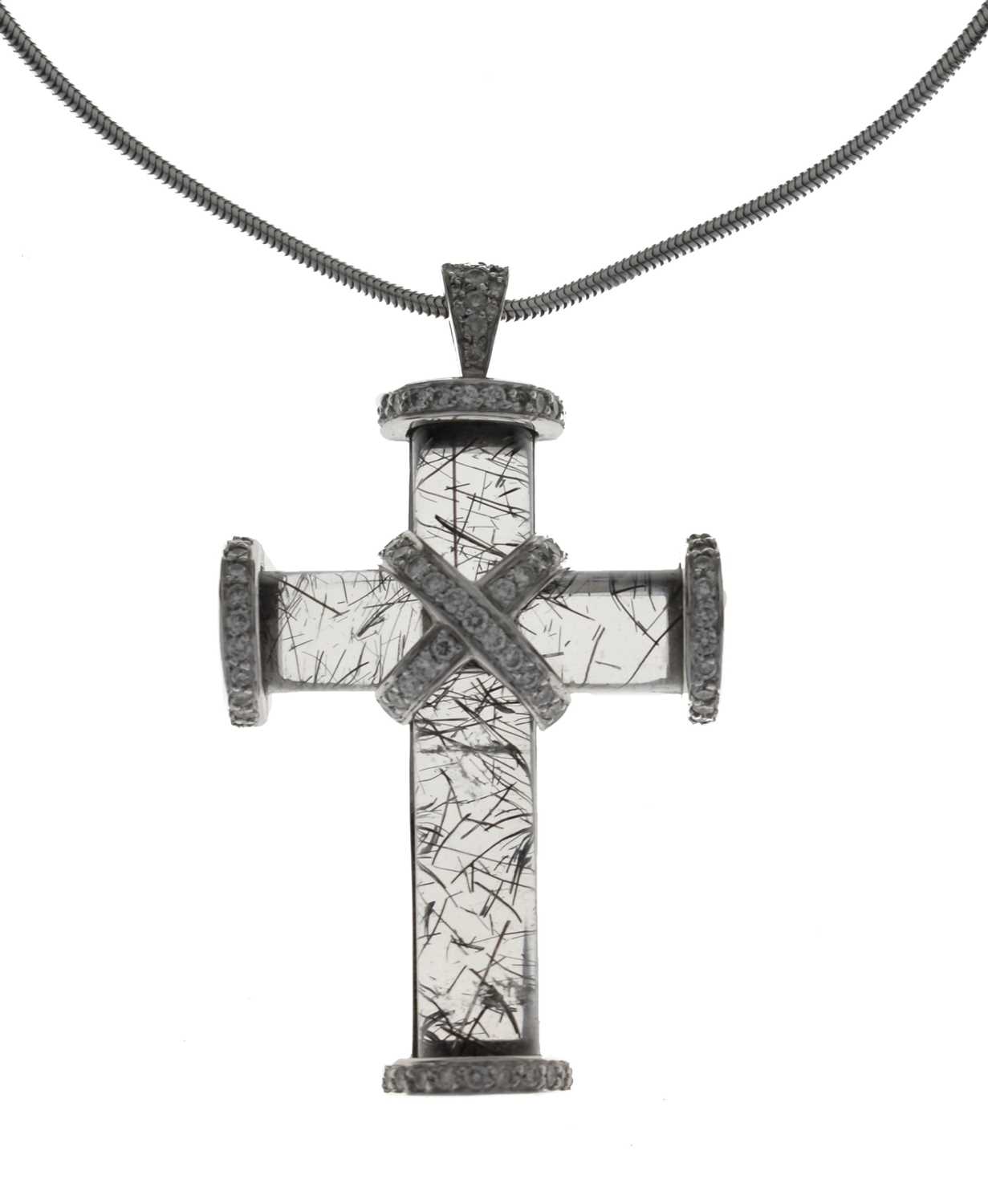 Lot 67 - John Watling - Rutilated quartz and diamond 18ct white gold cross pendant necklace