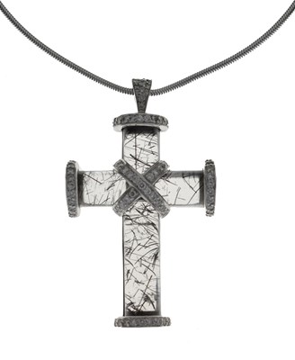 Lot 67 - John Watling - Rutilated quartz and diamond 18ct white gold cross pendant necklace