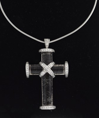 Lot 67 - John Watling - Rutilated quartz and diamond 18ct white gold cross pendant necklace