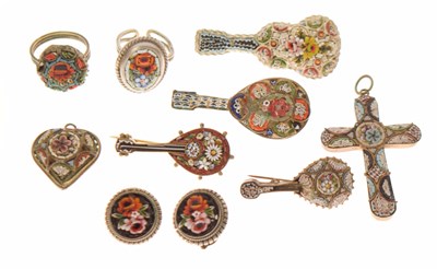Lot 99 - A collection of interesting micromosaic items, including guitar-shaped brooches, etc