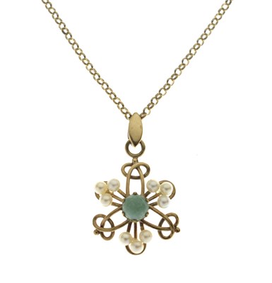 Lot 116 - 9ct gold turquoise and freshwater pearl floral pendant necklace