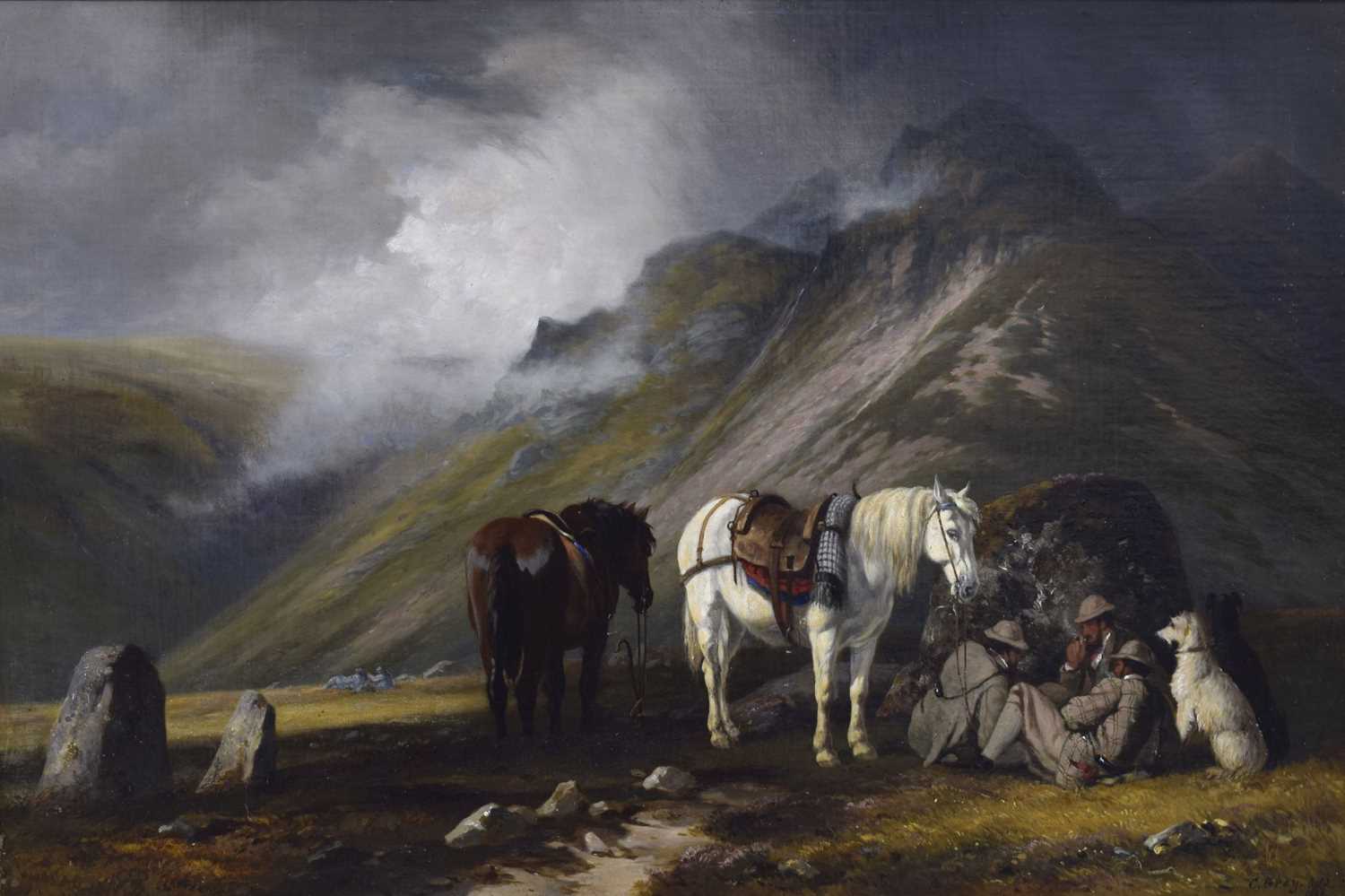 Lot Charles Grey, RHA (Irish, 1798-1892) - Oil on canvas - Ghillies sheltering on a moorland