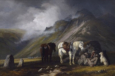 Lot Charles Grey, RHA (Irish, 1798-1892) - Oil on canvas - Ghillies sheltering on a moorland