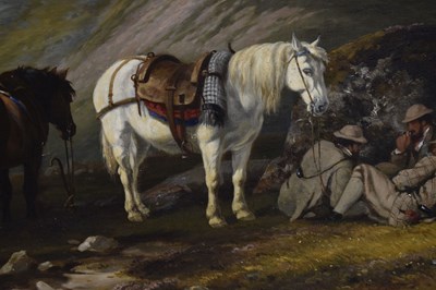 Lot Charles Grey, RHA (Irish, 1798-1892) - Oil on canvas - Ghillies sheltering on a moorland