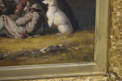 Lot Charles Grey, RHA (Irish, 1798-1892) - Oil on canvas - Ghillies sheltering on a moorland