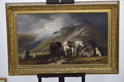 Lot Charles Grey, RHA (Irish, 1798-1892) - Oil on canvas - Ghillies sheltering on a moorland